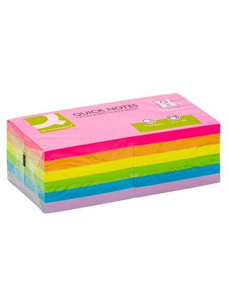 Bloc notes q-connect 76x76mm 100f adhesives repositionables coloris fluo et pastel assortis pack 12 unites.