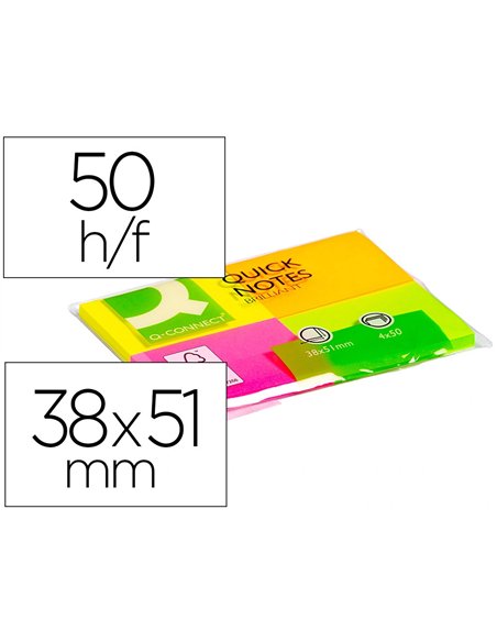 Bloc-notes q-connect couleurs néon 38x51mm 80f repositionnables coloris assortis 4 blocs.