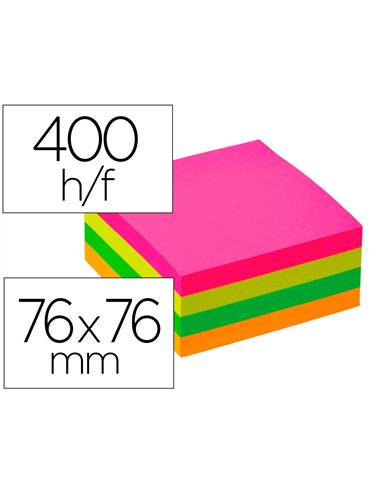 Bloc-notes q-connect cube quick notes 76x76mm 400f repositionnables sans traces coloris neon.
