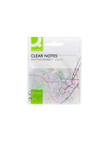 Bloc notes q-connect 76x76mm 50f semi-transparentes adhesives repositionables coloris blanc.