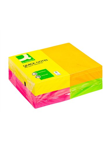 Bloc-notes q-connect quick notes couleurs néon rainbow 76x127mm 100f repositionnables roseorange/vert/jaune 12 blocs.