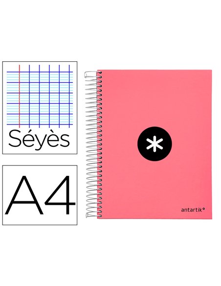 Cahier spirale antartik a4 100g couverture rembordee seyes sans bandes 4 trous coloris corail.