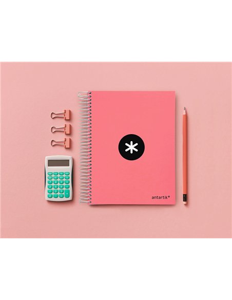 Cahier spirale antartik a4 100g couverture rembordee seyes sans bandes 4 trous coloris corail.