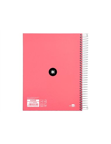 Cahier spirale antartik a5 240p 90g remborde quadrillage 5mm microperfore 5 bandes 6 trous coloris corail.
