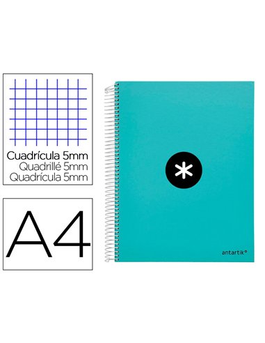 Cahier spirale antartik a4 240p 90g remborde quadrillage 5mm microperfore 5 bandes 4 trous coloris menthe.