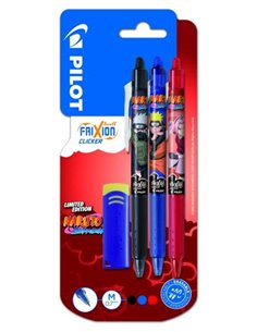 Pilot Frixion Clicker Naruto Shippuden Lot de 3 stylos gel rétractables effaçables + gomme - Pointe à bille 0,7 mm - Course 0,4 
