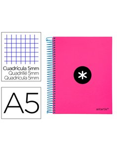 Cahier spirale antartik a5 240p 90g couverture rembordee quadrillage 5mm 6 trous coil-lock coloris rose fluo.