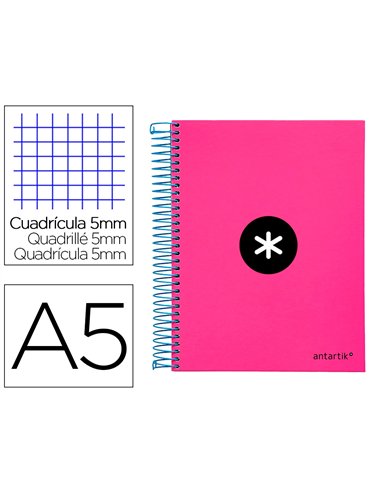 Cahier spirale antartik a5 240p 90g couverture rembordee quadrillage 5mm 6 trous coil-lock coloris rose fluo.