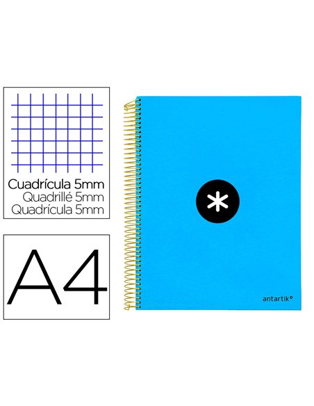 Cahier spirale antartik a4 240p 90g couverture rembordee quadrillage 5mm 4 trous coil-lock coloris bleu.