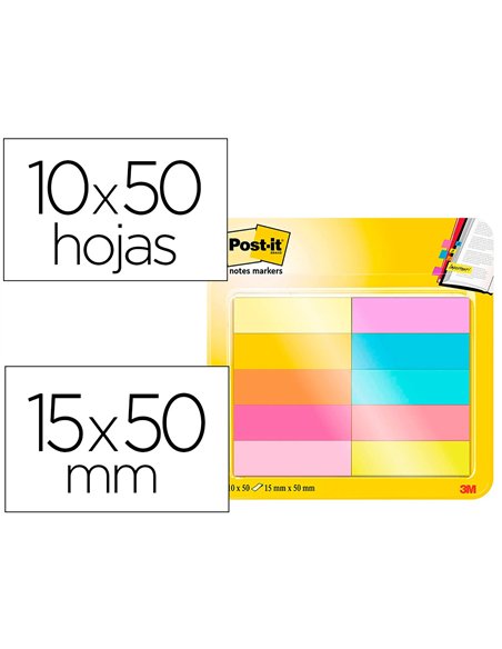 Marque-pages en papier post-it 10 blocs x 50 feuilles 15x50mm coloris assortis.
