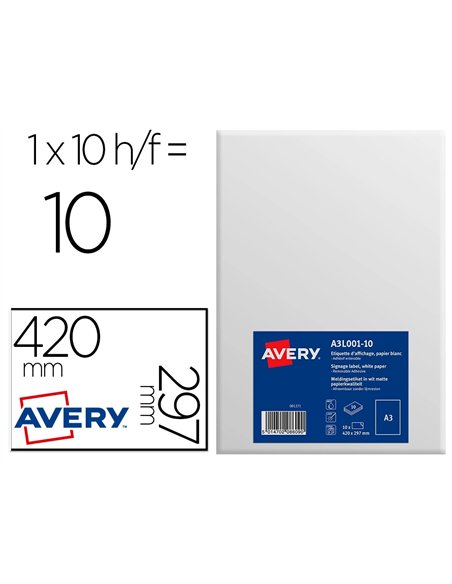 Étiquette adhésive avery affichage a3 papier blanc mat enlevable sans traces laser jet encre copieur 10 unités.