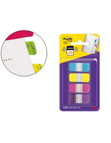 Marque-pages post-it index rigide 15.8x38.1mm coloris standards bleu jaune rose violet lot 4x10 unités.