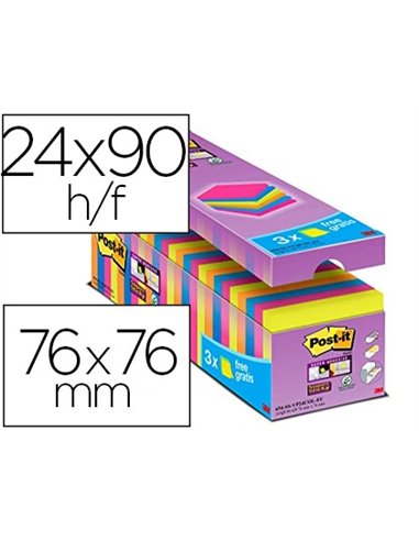 Bloc-notes post-it super sticky 76x76mm 90f repositionnables adhésif renforcé coloris assortis néon barquette 24 blocs.