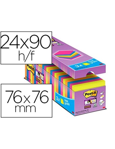 Bloc-notes post-it super sticky 76x76mm 90f repositionnables adhésif renforcé coloris assortis néon barquette 24 blocs.