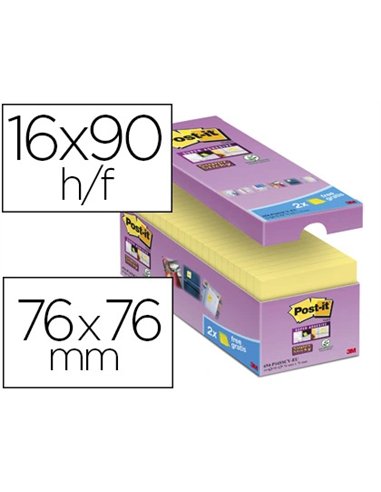 Bloc-notes post-it super sticky 76x76mm repositionnables adhésif renforcé 90f/bloc coloris jaune 16 blocs+2 offerts.