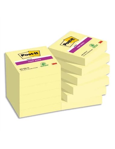 Bloc-notes post-it super sticky 47.6x47.6mm 90f repositionnables coloris jaune 622-12sscy -eu paquet 12 unites.