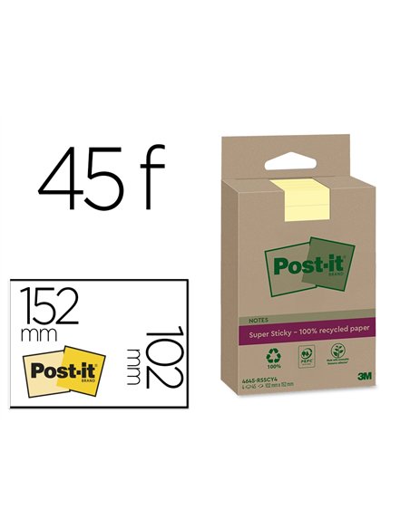 Bloc-notes post-it super sticky grand format recycles 102x152mm 45f repositionnables lignes coloris jaune pack 4 blocs.