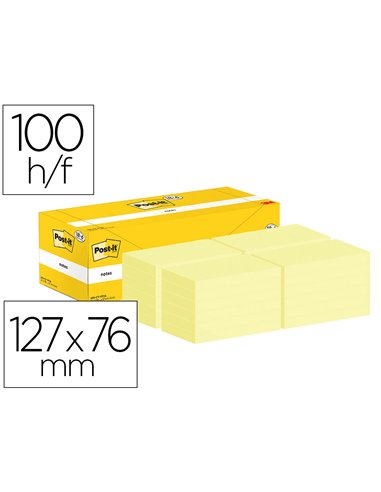 Bloc-notes post-it 127x76mm 100f repositionnables coloris jaune boite 24 blocs (18+6 gratuits).