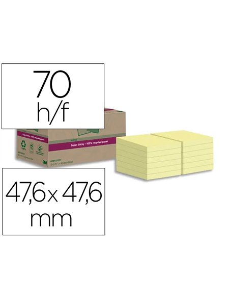Lot de 12 post-it super sticky 100% recycles 47,6x47,6mm 70f repositionnables coloris.
