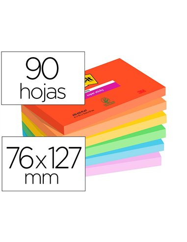 Bloc notes post-it super sticky collection playful 76 x 127 mm, 6 blocs 90 feuilles.