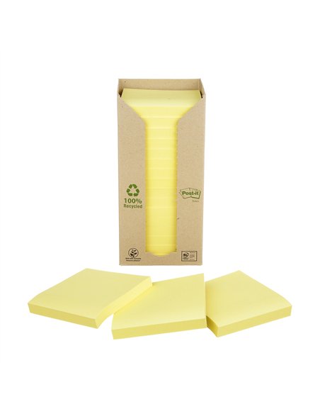 Bloc-notes post-it papier recyclé 76x76mm 100f/bloc repositionnables coloris jaune tour 16 blocs.
