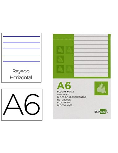 Bloc notes liderpapel perforé ligné a6 148x105mm paysage couverture carton imprimé 250g/m2 80f 60g/m2.