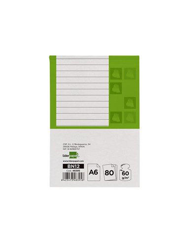 Bloc notes liderpapel perforé ligné a6 148x105mm paysage couverture carton imprimé 250g/m2 80f 60g/m2.