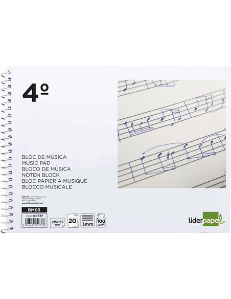 Cahier musique liderpapel portee 3mm cuarto 20 feuilles 100gr.