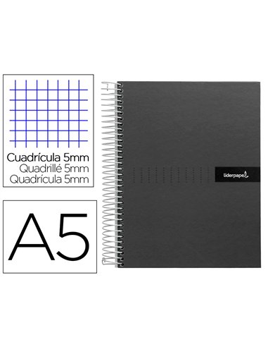 Cahier spirale liderpapel crafty couverture contrecollée a5 240p 90g/m2 5x5mm microperforé 6 trous coloris noir.