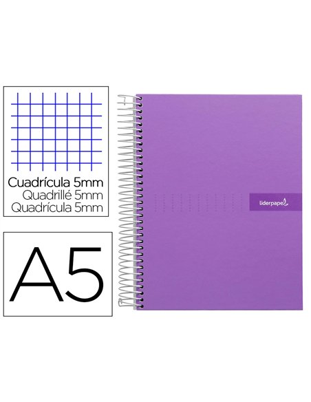 Cahier spirale liderpapel crafty couverture contrecollée a5 240p 90g/m2 5x5mm microperforé 6 trous coloris violet.