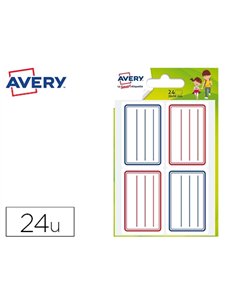 Étiquette scolaire avery lignes bleues et rouges adhésif permanent 36x56mm sachet 24 unités.