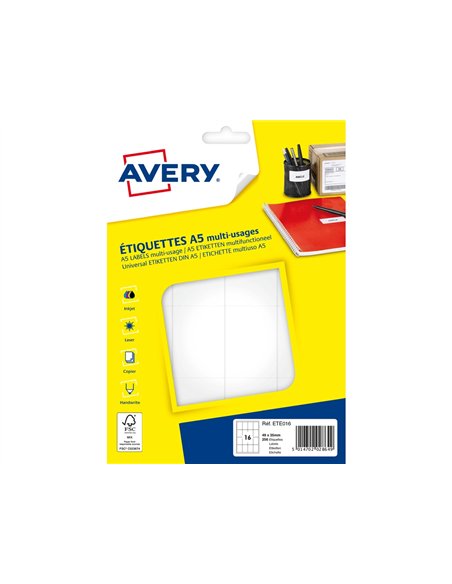 Etiquette avery impression laser jet encre et copieur 35x49mm coloris blanc pochette 256 unites.