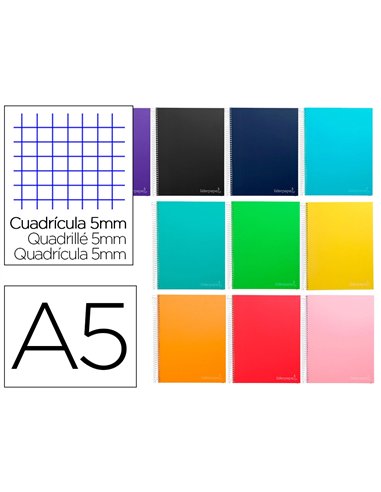 Cahier spirale liderpapel jolly couverture contrecollée a5 280p 75g/m2 5x5mm microperforé 6 trous coloris assortis.