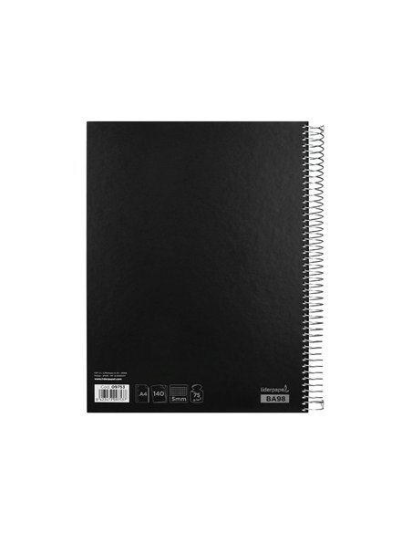 Cahier spirale liderpapel jolly couverture contrecollée a4 280p 75g/m2 5x5mm microperforé 4 trous coloris noir.
