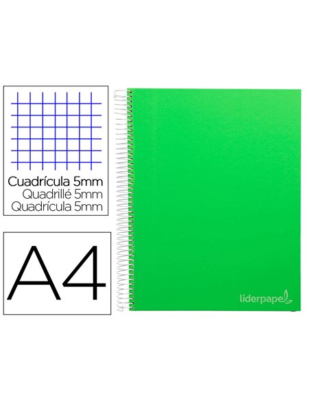 Cahier spirale liderpapel jolly couverture contrecollée a4 280p 75g/m2 5x5mm microperforé 4 trous coloris vert.