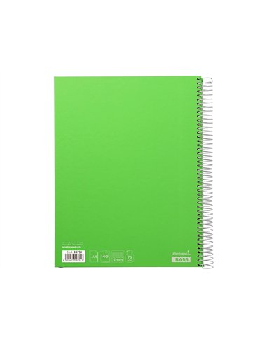Cahier spirale liderpapel jolly couverture contrecollée a4 280p 75g/m2 5x5mm microperforé 4 trous coloris vert.