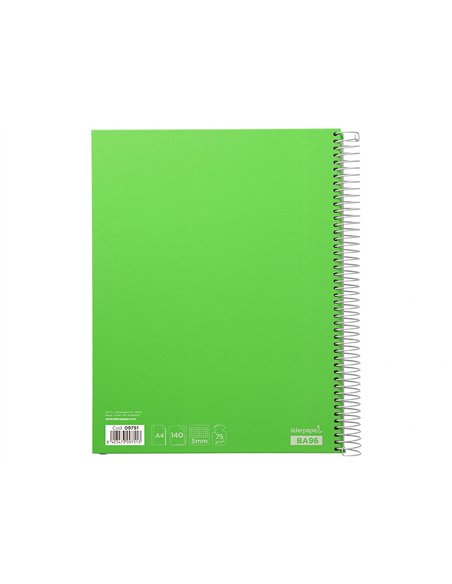 Cahier spirale liderpapel jolly couverture contrecollée a4 280p 75g/m2 5x5mm microperforé 4 trous coloris vert.