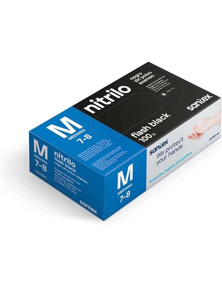Gants en nitrile Santex Flash Black, paquet de 100, taille M - 6 grammes - Sans poudre - Sans latex - Non stériles - Noir