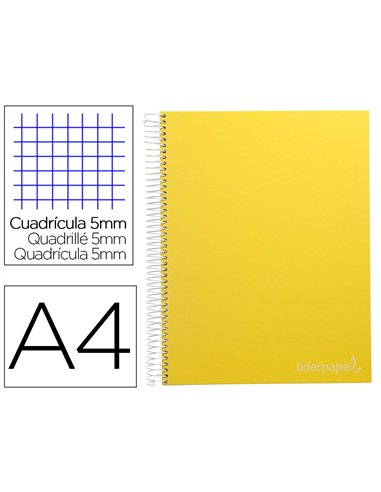 Cahier spirale liderpape jollycouverture contrecollée a4 280p 75g/m2 5x5mm microperforé 4 trous coloris jaune.