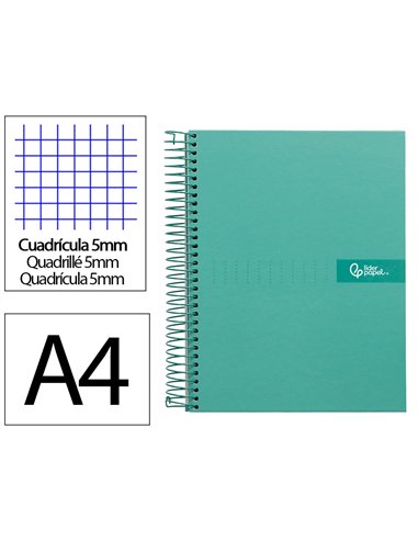 Cahier spirale liderpapel crafty couverture contrecollée a4 240p 90g/m2 5x5mm microperforé 4 trous coloris turquoise.