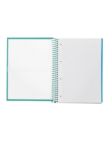Cahier spirale liderpapel crafty couverture contrecollée a4 240p 90g/m2 5x5mm microperforé 4 trous coloris turquoise.