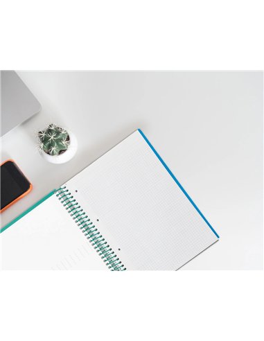 Cahier spirale liderpapel crafty couverture contrecollée a4 240p 90g/m2 5x5mm microperforé 4 trous coloris turquoise.
