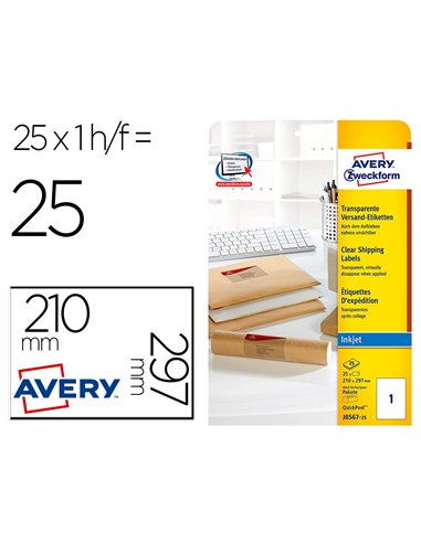 Etiquette autocollante avery adresse jet encre transparent 210 x 297mm boite de 25.