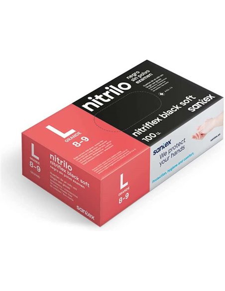 Gants d'examen en nitrile Santex Nitriflex Black Soft, paquet de 100, taille L - 3,5 grammes - Sans poudre - Sans latex - Non st