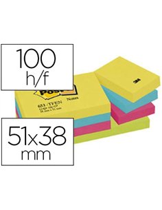 Bloc-notes post-it couleurs énergiques 51x38mm 100f repositionnables 5 coloris assortis 12 blocs.