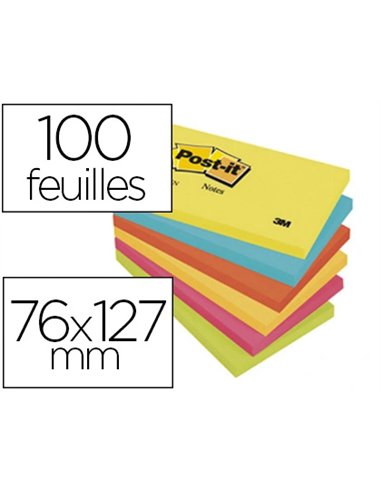 Bloc-notes post-it couleurs énergiques 76x127m 100f repositionnables 5 coloris assortis 6 blocs.