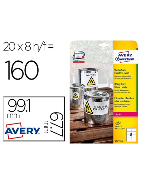 Etiquette avery ultra resistantes polyester laser blanc 99,1 x 67,7 mm boite de 160.