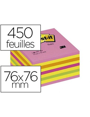Bloc-notes post-it cube 76x76mm 450f repositionnables coloris énergie intense 2028-np.