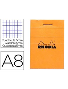Bloc bureau rhodia a8 papier vélin surfin couverture enduite enveloppante 52x75mm 80f détachables 80g 5x5mm orange.