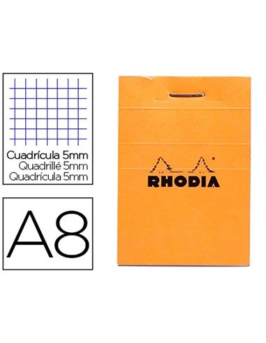 Bloc bureau rhodia a8 papier vélin surfin couverture enduite enveloppante 52x75mm 80f détachables 80g 5x5mm orange.